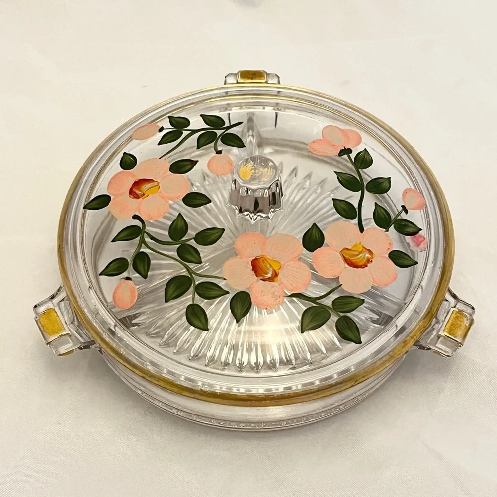 Duncan Miller Glass Hand Painted Lidded Vanity Dish, Pre-1950 Vintage EUC
